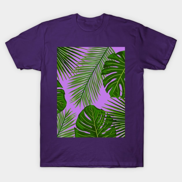 Palm Leaf and Monstera on Bright Purple T-Shirt by OneThreeSix